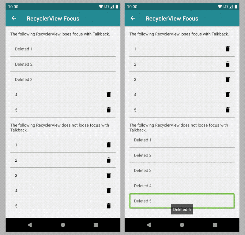 GIF showing side by side Talkback navigation of RecyclerView with focus issues and a fix