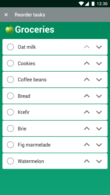 Mockup of grocery list with up and down buttons on each item cell