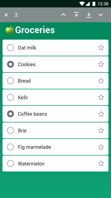 Mockup of a grocery list with some items selected and controls to move items at the top action mode