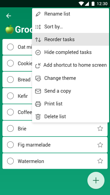 Screenshot showing “Reorder tasks” option in overflow menu