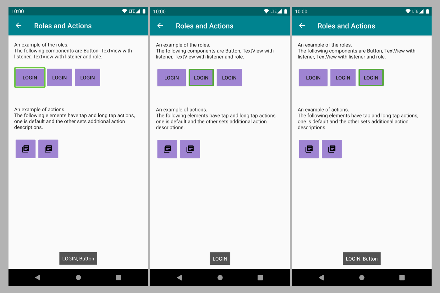 Screenshot showing examples of different types of buttons and Talkback announcements