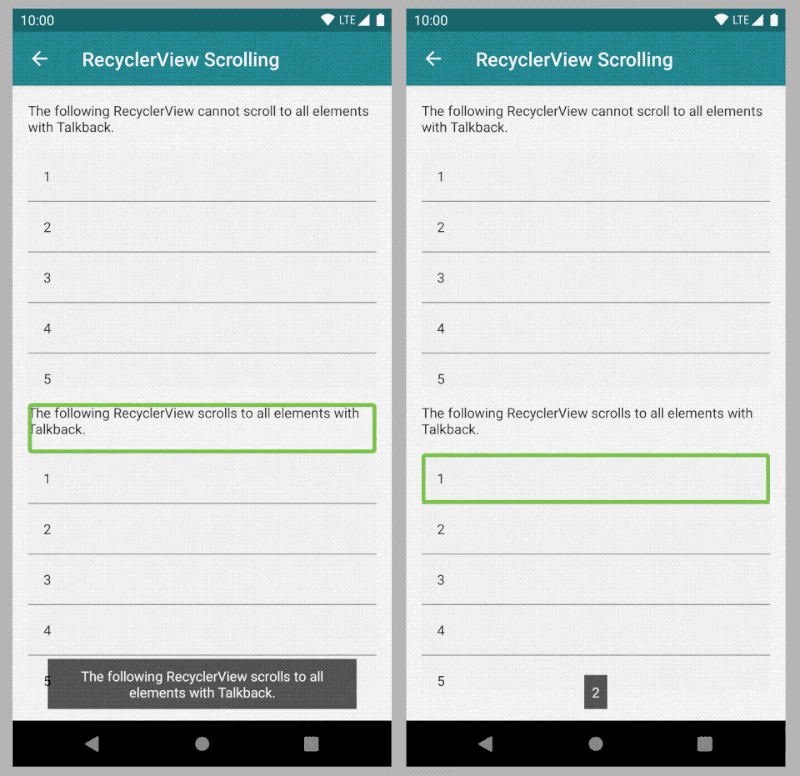 GIF showing side by side comparison of Talkback navigation of scrolling and non-scrolling RecyclerView