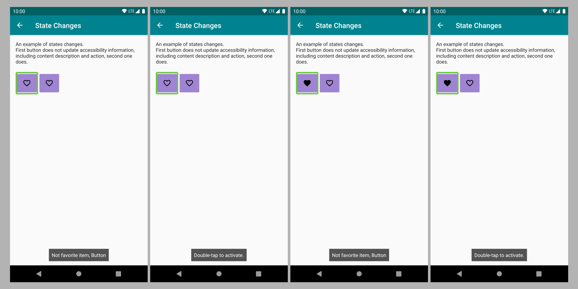Screenshots showing Talkback announcements for Buttons where UI changes but accessibility information is not updated