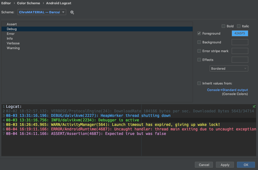 The picture shows Android Logcat colour scheme options