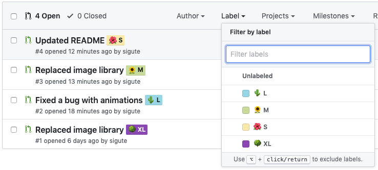 Screenshot of Github pull requests with custom complexity labels