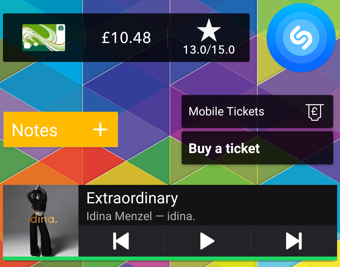 Screenshot from the phone showing examples of various widgets